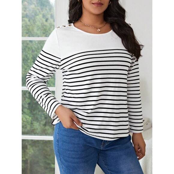 SHEIN Tops - SHEIN Frenchy Striped Print Button Detail Tee Black & White Large